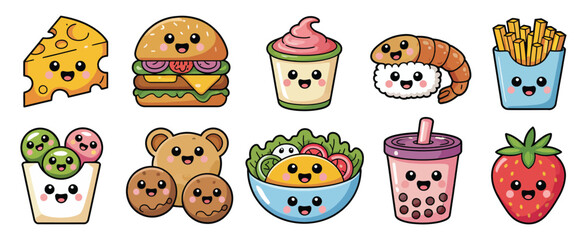 Cute Kawaii Cartoon Food Characters Set Illustration