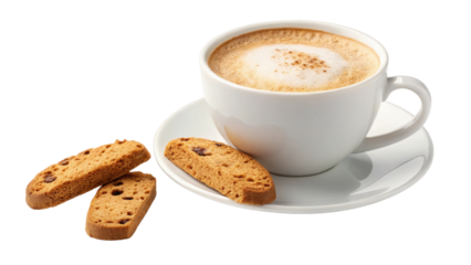 White ceramic cup filled with frothy cappuccino is placed on matching saucer, accompanied by three pieces of golden brown biscotti with chocolate chips, creating cozy and inviting scene