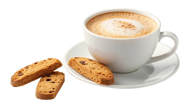 White ceramic cup filled with frothy cappuccino is placed on matching saucer, accompanied by three pieces of golden brown biscotti with chocolate chips, creating cozy and inviting scene