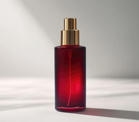 Naklejka premium Red glass spray bottle on a light background. The bottle is cylindrical with a frosted, deep crimson finish and a gold-colored sprayer. Soft light highlights the bottle