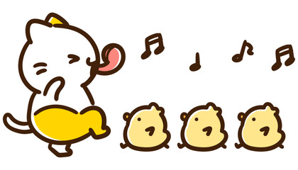 笛を吹いてひよこたちを連れて歩くかわいいねこのキャラクターのデフォルメイラスト