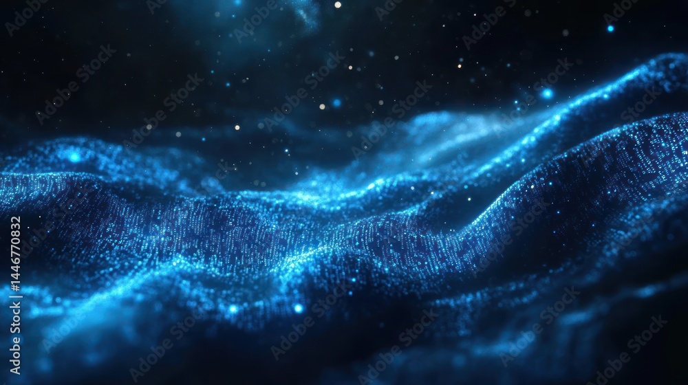 Aufkleber deep blue, wavy, glowing particles against a dark backdrop. particles ripple and flow across the ima