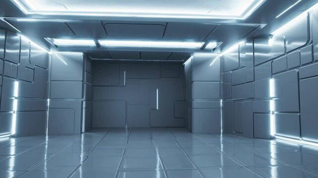 Futuristic room with glowing lines, viewed from a low angle. Minimalist design, ideal for sci-fi video backgrounds or virtual reality scenes.
