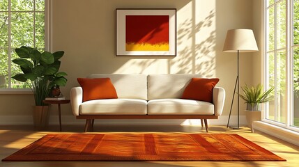 Cozy Living Room Featuring Plush Couch Elegant Rug and Warm Ambient Lighting Creating Inviting Atmosphere