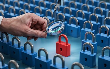 Magnifying Glass Examining Padlocks Security Focus Concept