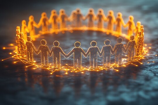 Abstract circle of glowing people holding hands symbolizing unity and connection