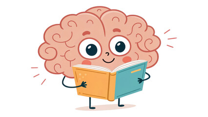 A cartoon brain with big eyes is holding an open book and smiling.