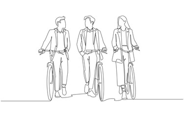 Continuous one line drawing of three colleagues having conversation while walking with bicycles, collaborative relationship and eco-friendly travel concept, single line art