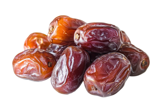 Group of dried dates, showing various shades of reddish-brown hues, arranged in a pile.  Close-up view highlighting their textures and shapes.