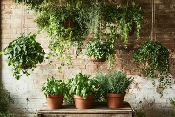 Fototapeta premium A brick wall adorned with various hanging and potted herbs, creating a lush indoor garden.