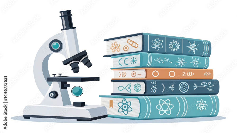Poster white microscope is placed next to stack of colorful books adorned with scientific symbols, represen