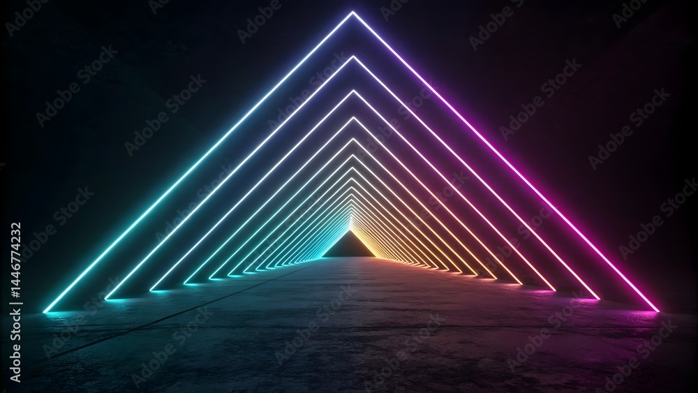 Poster a perspective view of a neon triangle tunnel with a dark background and concrete floor texture