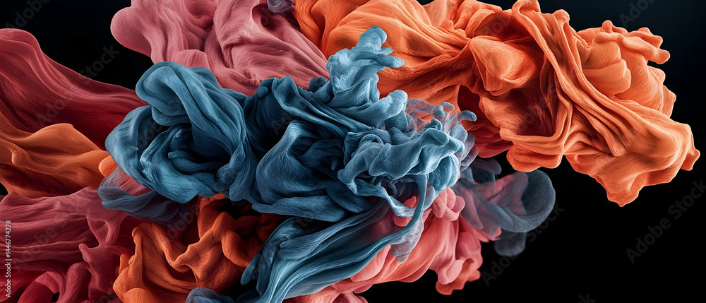 Poster abstract artwork featuring swirling colorful forms against a black backdrop. ideal for digital art b