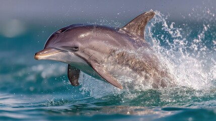 Naklejka premium Dolphin jumping mid-air with clean splash