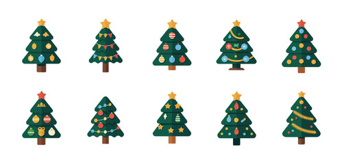 Ten Decorated Christmas Trees Flat Design Icons