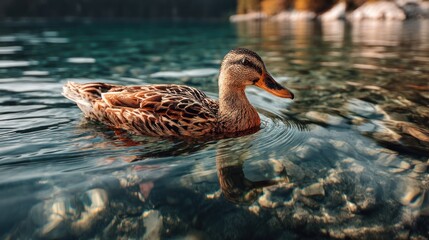 Duck floating on clean water reflection
