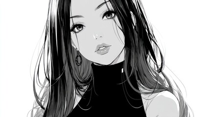 Elegant anime woman with long hair, isolated