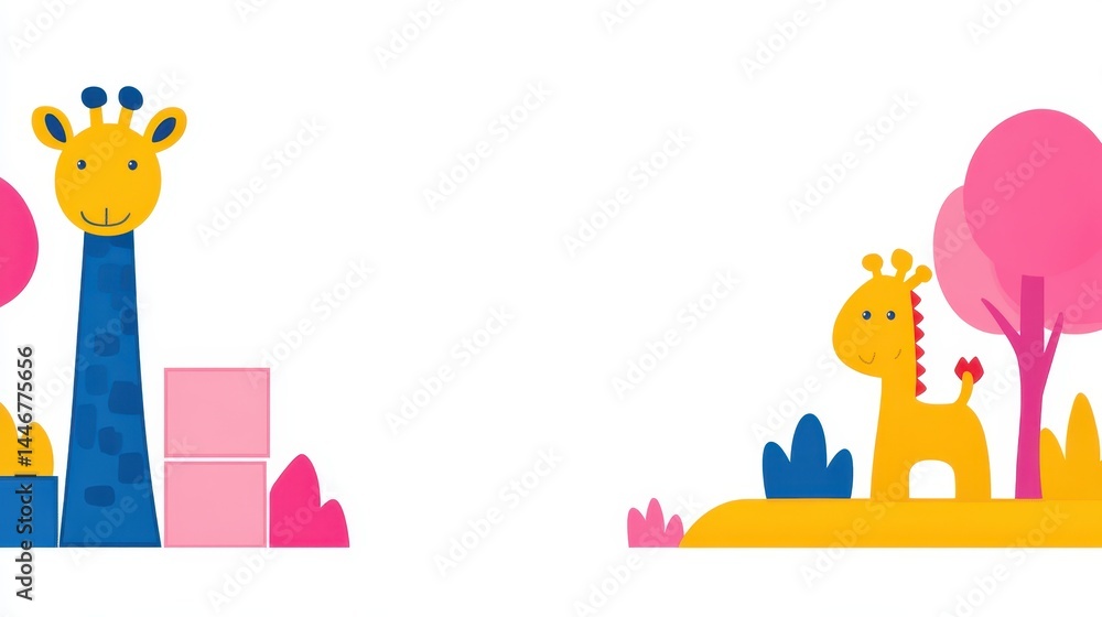 Poster colorful pixelated giraffe illustration in a minimalist design with trees and blocks for children's 