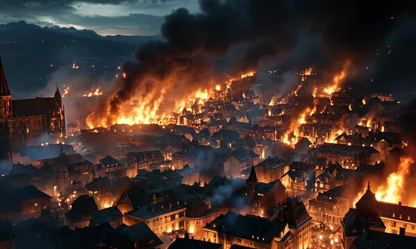 Burning city panorama with fires raging, dark skies, and destruction visible