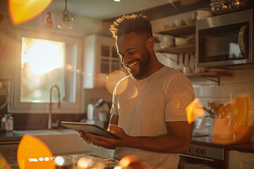 SWEET   content and satisfied individual utilizes technology to efficiently work from comfort of his kitchen, utilizing sweet   tablet and laptop, while enjoying warm ambiance created by sweet   lens 
