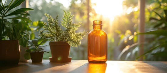 Plants, sunlight, amber bottle, windowsill