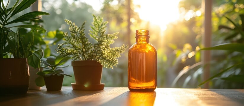 Plants, sunlight, amber bottle, windowsill