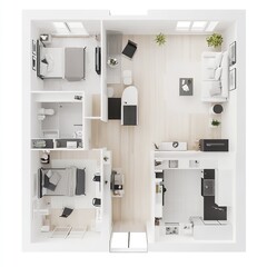 Modern Apartment Floor Plan Design Two Bedrooms Kitchen Living Room 3d top home real grey view house