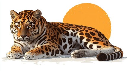 Obraz premium Pixelated bengal tiger resting in front of stylized sun creating a vintage or retro effect perfect for wildlife and artistic representations illustration