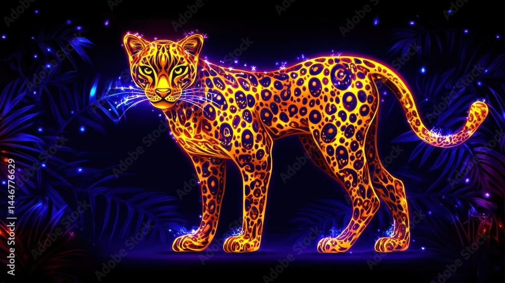 Poster vibrant leopard portrait illuminated with glowing dots in an exotic jungle setting displaying a neon