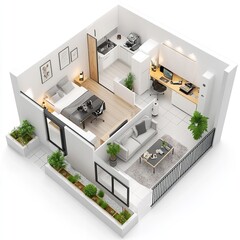 Modern Studio Apartment Floor Plan Design Cozy Home Interior Balcony Plants 3d room real neat grey  