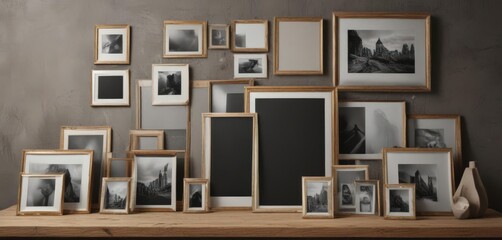 Fototapeta premium Various sized & styled photo frames arranged on a mood board; textured backdrop, interior design, sizes, home decor