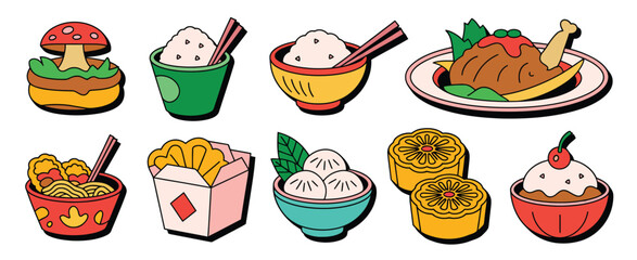 Assorted Asian Food Illustrations Noodles, Rice, and Desserts