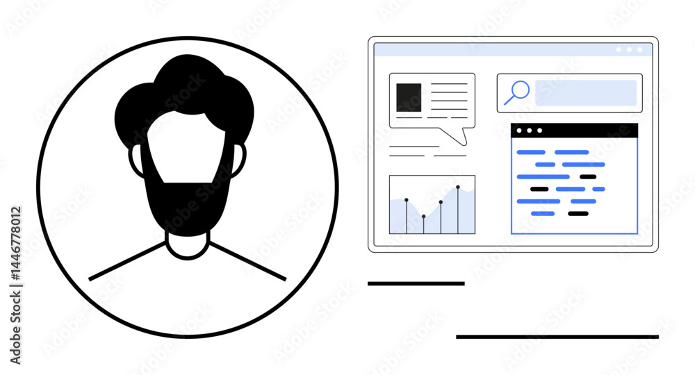 Poster user profile outline alongside a web dashboard showcasing graphs, charts, text boxes, and a search b