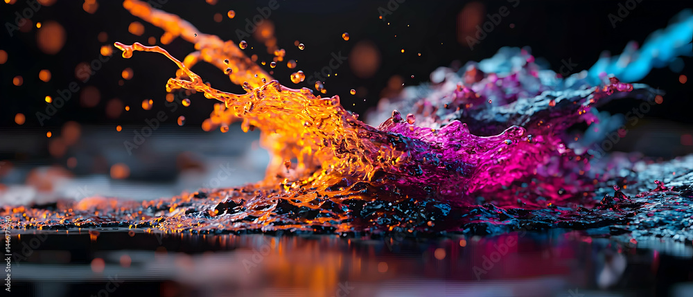 Poster a vibrant splash of liquid in dynamic motion showcasing colors and light with reflections. ideal for