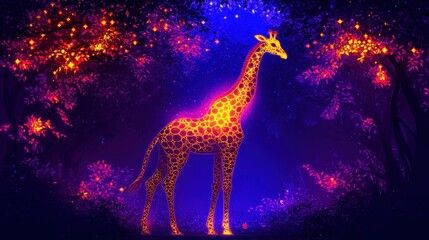 Radiant giraffe silhouette against cosmic nebula a symbol of african wildlife enhanced by glowing particles and vibrant space art visuals