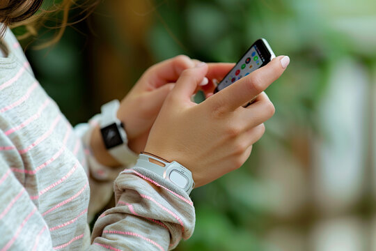 SWEET   person confidently showcases seamless integration between their smart watch and smart phone, highlighting convenience and efficiency of this advanced technology    