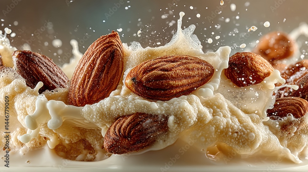 Poster almonds splashing into almond milk creating a dynamic and delicious scene