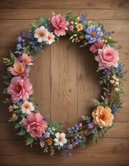 Watercolor painted floral wreath, wooden texture  ,  cute,  sweet