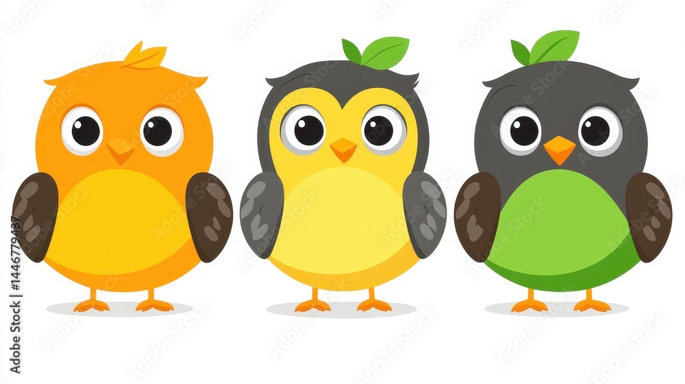 Aufkleber three whimsical pixelated owlets lined up displaying varied bright hues in a simple illustrative ren