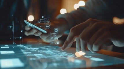 Interactive digital interface display with overlaying data.