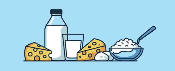 Dairy Products Illustration Milk Bottle, Cheese, Cottage Cheese, and Milk Glass