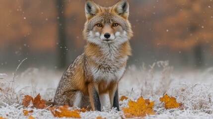 Obraz premium Adorable red fox amidst snowy woodlands during winter displaying autumn leaves surrounded by falling snow adding a seasonal charm to wildlife photography
