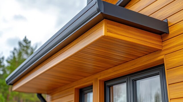Modern house exterior with wooden siding and rain gutters