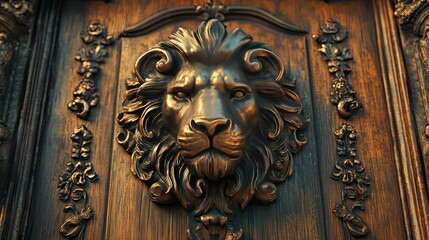 Ornate wooden door with a bronze lion's head.