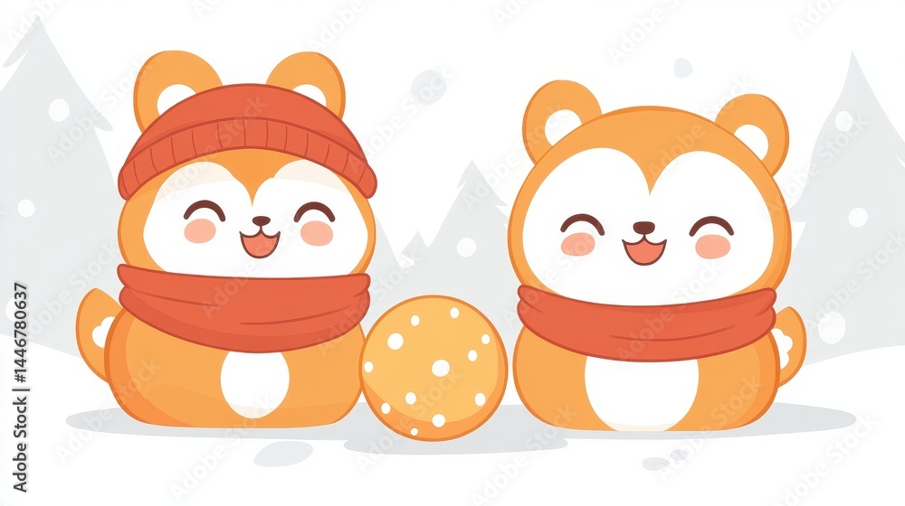 Poster whimsical pixelated bears playing in soft snowfall with a crafted snow sphere radiating warmth and j