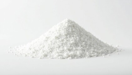 Pile of white granulated sugar on white background, high-key, texture, ingredient