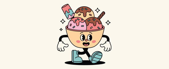 Happy Ice Cream Sundae Cartoon Character Walking