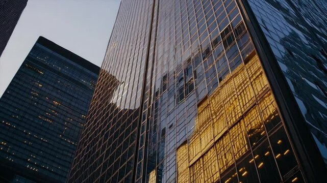 Modern skyscrapers, reflecting golden light, city skyline, urban landscape