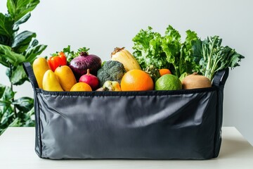 Full basket of fruits, vegetables, and daily goods on bright white background, vivid and sharp style