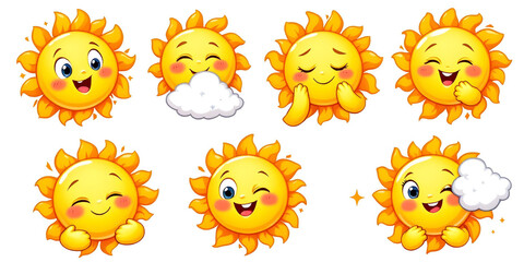 Cartoon Sun Characters with Different Expressions and Emotions Vector